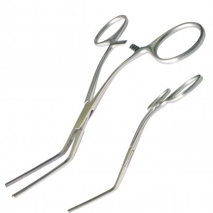 Затискач по CASTANEDA атравматичний, кровоспинний, для немовлят і дітей з додатковою тонкою насічкою, зігнутий, з зігнутими ручками №2. Довжина 13,0 см